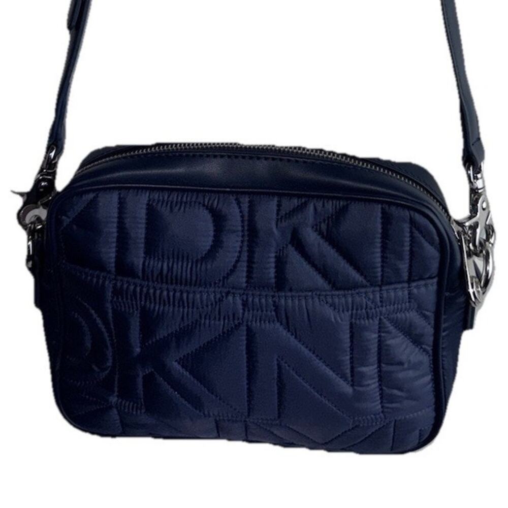 DKNY Crossbody Purse Camera Bag Navy Blue Quilted Puffer Silver Zip Travel